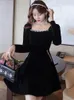 Casual Dresses 2024 Black Velvet Chic Diamonds Sqaure Collar Mini Dress Spring Autumn Elegant Hepburn Prom Women Korean Bodycon Vestidos