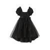 Girl Dresses Girls 'Summer Short Sleeve Dress 2024 Organza Square Neck Bubble Frocsk Solid Black Color High midje Tuxedo kjolkläder