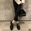 Casual Shoes Fashion Round Toe Thick Heel Femme Loafers Platform British Silver Lock Buckle Front Tie Bottom Black Leather