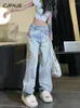 Jeans pour femmes CJFhje American Retro Fashion Y2K Streetwear Denim Belt Design High Waist Baggy Femme Straight Lam Leg Pantalon Femmes