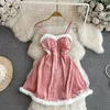 Casual Dresses Christmas 2024 Autumn Winter Women Sexy Red Spaghetti Strap Dress Short Fashion Maomao Stitching Slim A-Line Robe Clothing