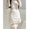 Skirts Xingqing y2k Fairycore Mini Skirt Women Floral Print High Waist Ruffled Hem Skirts with Bow 2000s Aesthetic Skirt Strtwear Y240420