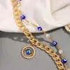 Hänge halsband Hip Hop Blue Evil Eye Crystal Pendant Cuban Link Chain Necklace For Women Evil Eyes Pearl String Beads Choker Halsband smycken Y240420