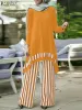 Clothing ZANZEA Elegant Muslim Suit Bohemian ONeck Long Sleeve Blouse Oversized Tops Wide Leg Pant Striped Printed Vintage Set 2PCS