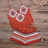 Swimwear pour femmes 2pcs / set 2024 Crochet à la main mélangé Stripe Colorful Stripe Long Tassel Top Bottoms Bikini Cover Upswear Up