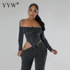 Kvinnors tvåbitar byxor Kvinnor 2024 Slim Long Jumpsuit Off Axel Kvinnlig full ärm 1 byxa Set Hollow Out Sport Fashion Clothes