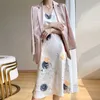 S-3XL Acetate Satin V-neck Shin Suspender Dress Women Spring Summer Elegant Simple Printed Long Dress Sleeveless 240419