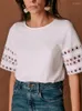 Camisetas femininas T-shirt White White 2024 Summer Lace Stitching Hollow Out Sleeved Feminina Redonda do pescoço Top Top Top Top