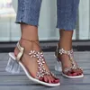 Sandaler Transparent Square Heel For Women Luxury Flash Borr Flower Summer High Heels Kvinnor Låg Sandal Storlek 43