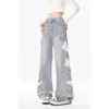 American Butterfly Broidered Baggy Jeans Femmes Y2k Street Fashion High Taist Casual Slim Light Lam Mop Pantalon 240419