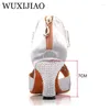 Chaussures de danse wuxijiao diamant argent satin latin femme salsa fête strass de bal danse dance med talon 7cm zipper