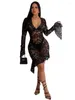 Casual Dresses ANJAMANOR Sexy See Through Lace Black Dress Birthday Outfit For Women Deep V Flare Sleeve Ruffle Short Clubwear D82-CB19