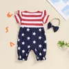 Shorts CitgeeSummer Independence Day Born Girl Outfit Short Sleeve Stars Stripes Print Patchwork Jumpsuit Bowknot Headband