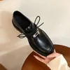 Casual Shoes Fashion Round Toe Thick Heel Femme Loafers Platform British Silver Lock Buckle Front Tie Bottom Black Leather