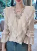 Blouses feminina Camisa de renda e diamante Camisa feminina Mulheres Primavera Verão Alta qualidade O decote em V Ruffled Loose Plus Tamanho Francês Elegante Top Top