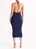 Casual jurken gestreepte bedrukte kant halterneck backless jurk dames slanke sexy diep v nek maxi vakantie mouwloze bodycon zomer