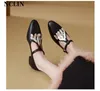 Sapatos casuais 2024 Spring/Summer Mulheres grossas saltos pontiagudos de couro genuíno Low Mary Janes Zapatos de Mujer