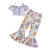 Kledingsets 4-7y kleine meisjesbroek set korte mouw koude schoudergewassen met bloempatroon flare 2 pc's zomermeisjes outfit