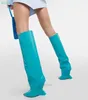 Stövlar konstiga Syle Heel Knee High Ligh Blue Leather Fashion 2024 Winter Autumn Dress Sexig pekad tå tillverkare skor