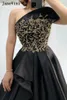 Party Dresses Janevini Elegant Black Long Formal Evening With Gold Beadings One Shoulder Slit Satin Luxury Women Prom Clows 2024