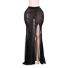 Skirts 2024 Mesh Vacation Mid-night Club Women's Stripe Cover-up Sexy Transparent Split Wrapped Hip Half Skirt Black Bottoms