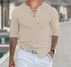 2024 Mens Solid Simple Long Sleeve Shirts Fashion Laceup Vneck Casual Sport Tops Plain Versatile Tshirt for Men 240419