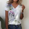 T-shirts pour femmes Modèle de peinture de fleur de mode 3D T-shirts imprimés Femme Ve-cols Vers surdimensionné Tees décontractés Tops Streetwear Women Y2K