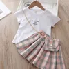 Clothing Sets Fashion Baby Girls Summer Clothes Suit Letters T-shirt Plaid Skirt With A Free Bag 3pcs Children's Set For 3-7 Years