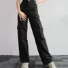 Calça feminina de lisonjeiro forma de perna elegante cintura alta calça de bolso multi -bolso em cor sólida para um