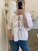 Bow Tied Lace Up Shirt Women Pleats Office Puff Sleeve Female Chic Slim Solid Tops 2024 Summer Sweet Lady V Neck 240415