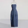 Casual Dresses VGH Solid Patchwork Pockets Denim For Women Strapless Sleeveless High Waist Spliced Single Breasted Dress Female