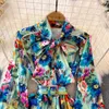 Basique A Line Robes décontractées Holiday Holidage Colorful Robe Robe Rigon Bow Neck Lantern Sleeve Floral Imprimé Single Breasted Casual Belt Beach Vestidos