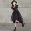 Girl Dresses Girls' Summer Short Sleeve Dress 2024 Organza Square Neck Bubble Frocsk Solid Black Color High Waist Tuxedo Skirt Clothes