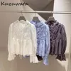 Blusas femininas kuzuwata elegante stand colar gira de flare sweet ruched retchwork estilo francês camisa bebê japão bordado bordas