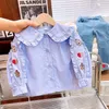 Kläderuppsättningar 2024 Spring Autumn Girls 'Long Sleeved Cute Shirt and Jeans Two Piece Set