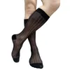 Chaussettes masculines Knee High Mens Robe Formel Suit Black Striped Voir à travers la lingerie sexy Stocking Business Mariage Cadeaux de mariage