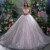 Hyr Lnyer Scalloped Neck Cap Sleeve V Backless Beads Pearls paljetter Applices Shiny Ball Gown Wedding Dresses Real Office Photos Video Video