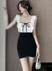 Casual Dresses Summer Black Patchwork White Bow Square Collar Mini Dress Women Sexig Ruffled Sling Short 2024 Elegant BodyCon Party