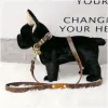 犬の首輪と鎖セットクラシック格子縞のペットリーシュ犬ハーネスのステップソフト調整可能な革のデザイナーペット小犬用首輪チワワプードルブラウンSB36