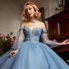 Sky Blue Sequined Off The Shoulder Ball Gown Quinceanera Dresses Appliques Beading Shiny Crystal Corset Vestidos De 15 Anos