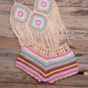 Swimwear pour femmes 2pcs / set 2024 Crochet à la main mélangé Stripe Colorful Stripe Long Tassel Top Bottoms Bikini Cover Upswear Up