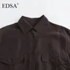 Camicette da donna Edsa da donna camicia di seta marrone a maniche lunghe con polsini a lembi abbottini
