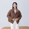 Cowhide Button Down Jacket For Womens Short Winter Fashion Stand Up Collar Warm and Loose Fiting Slim Petite {Category} HH2J