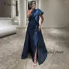 パーティードレスViisher Navy Blue Taffeta Mermaid Inviness with Slit One Shourdle Promドレストレインアラビアのフォーマルガウン