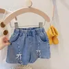 Clothing Sets Summer Children Girl Clothes Set 2-7Years Toddler Kids Sleeve Lace Shirt Tops Bow Denim Shorts Jeans 2PCS Fashion Outfits