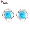 Studörhängen Cinily Created Blue Fire Opal Silver Plated Wholesale Sell for Women Summer Jewelrys Earring 11mm OH2762