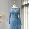 Abiti per feste di lusso Dubai Blue Mermaid Muslim Evening Overskirt Sleeve Long Plus Women Wedding Gowns