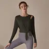 Yoga kläddesigner Kvinnor toppkvalitet lyxiga modetröjor sport fitness kläder kvinnor bekväm långärmad t-shirt lös lång stil split knut två blus