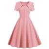 H Womens Elegant Retro Dress Lapel Kort ärm Slim Fit Pure Color A Line