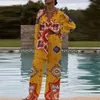 Retro 3D digitaal gedrukte vrijetijdspak Dames Spring knop Rapelhemd rechte broek Outfits Herfst Lange mouw losse 2 stks Set 240407